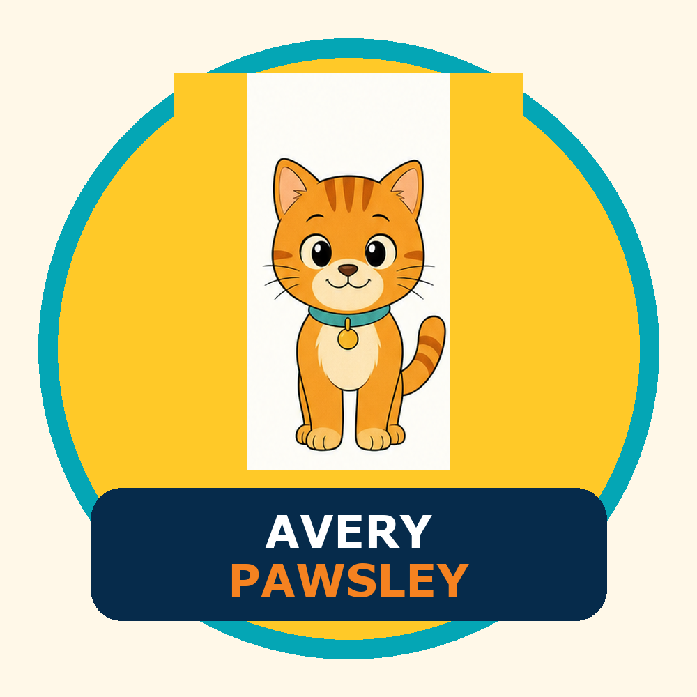 Illustrated Avery Pawsley author mark with Milo the orange cat