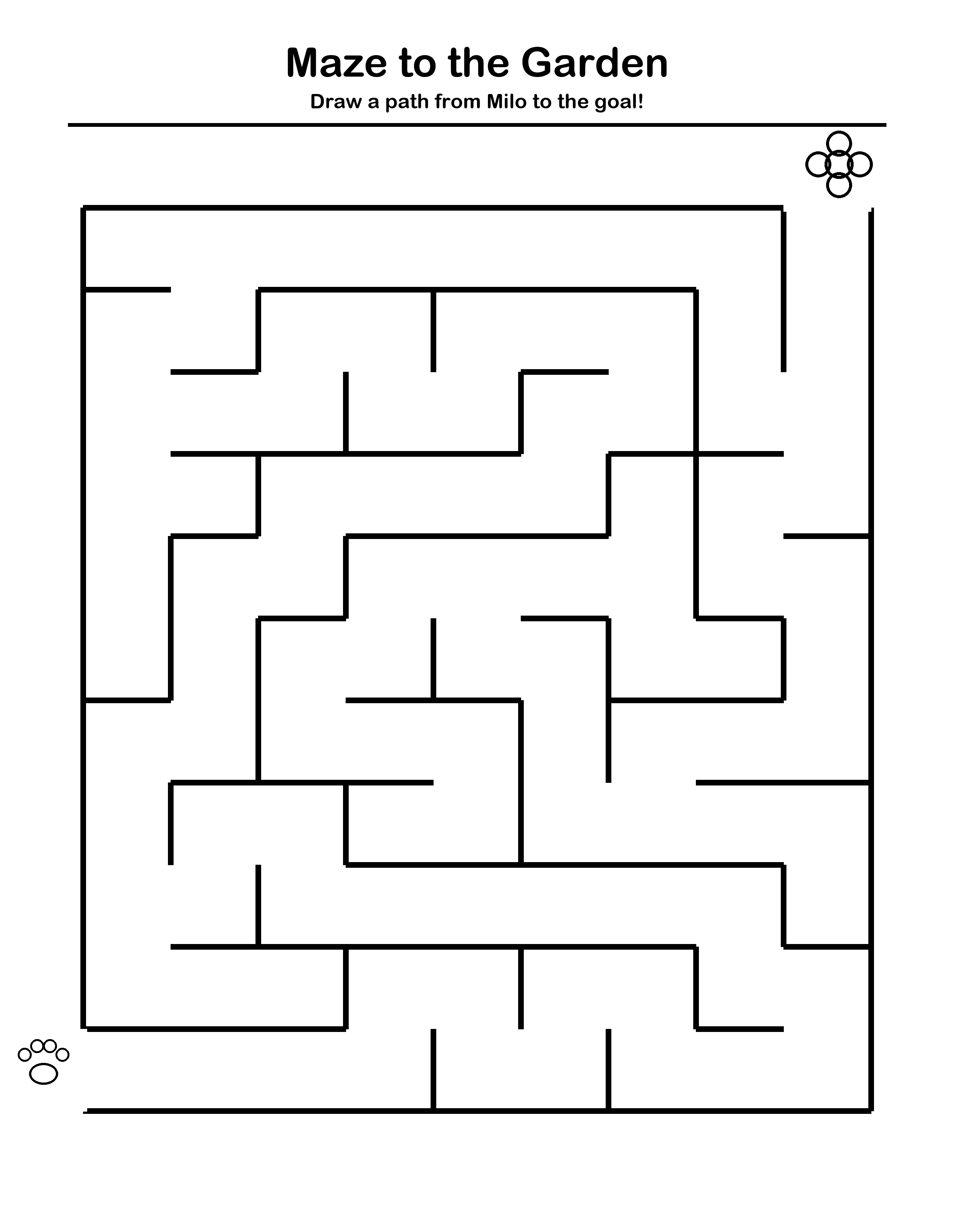Preview of a printable cat maze leading Milo to the garden