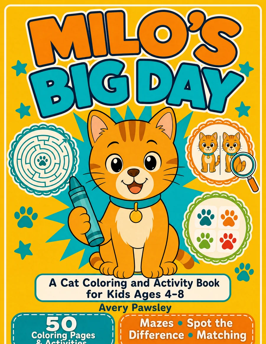 Cover of Milo's Big Day, a cat coloring and activity book for kids ages four to eight